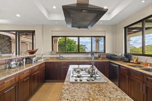 A modern kitchen with granite countertops, stainless steel appliances, and a large window offering a view of greenery. - Standout Luxury Ocean View Villa (Playa Hermosa)