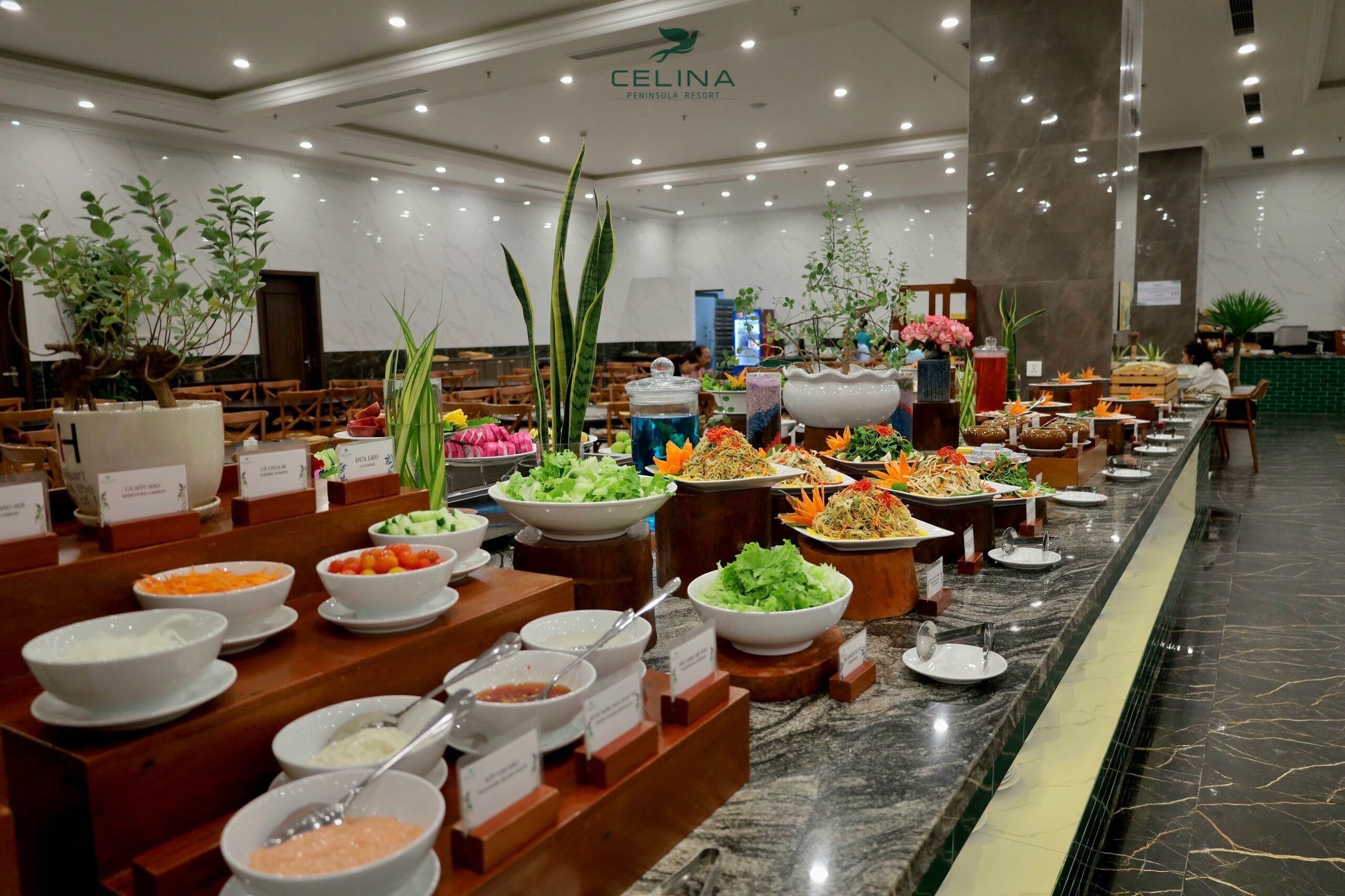 Montaje de bufé en un hotel, con diferentes alimentos y plantas.