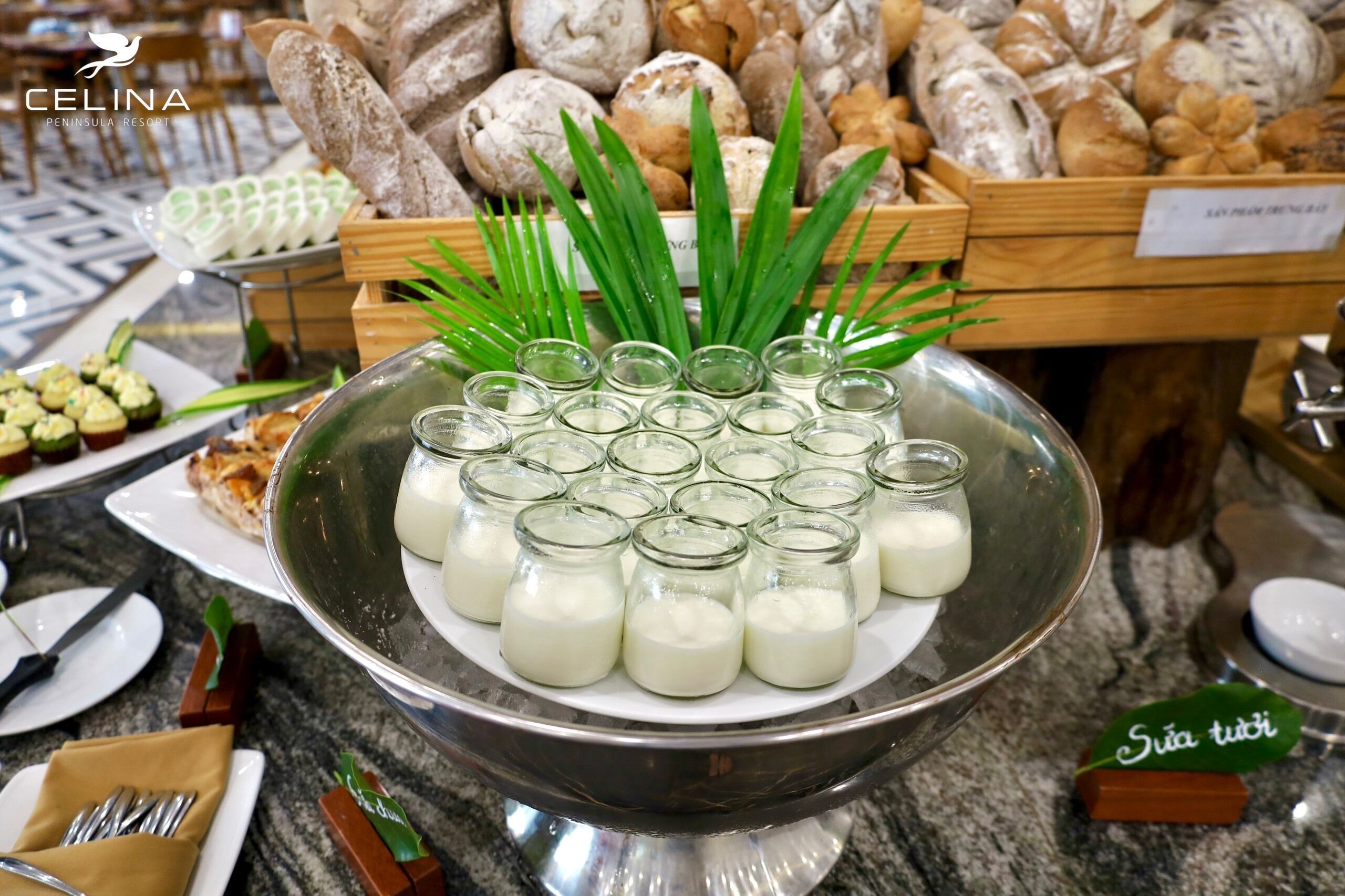 Una mesa de buffet con diversos panes y un bol central de batidos.