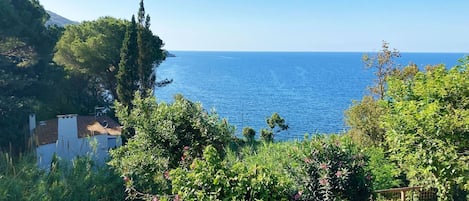 A coastal view with a clear blue sea, greenery, and a white building with a tiled roof.