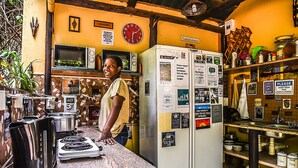 Fridge, microwave, electric kettle, toaster
