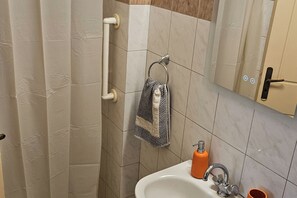 Shower, hair dryer, towels, toilet paper