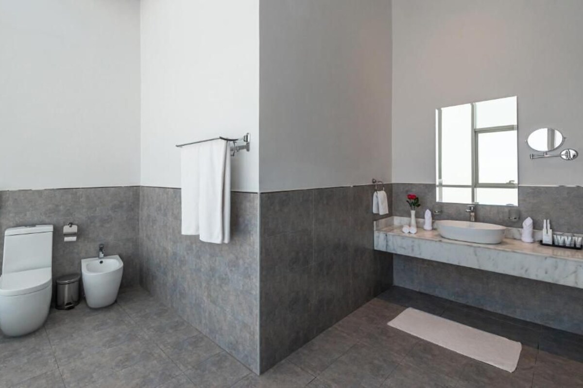 A modern bathroom with a toilet, bidet, and sink, marble countertop, and a large mirror.