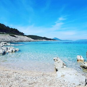 Une vue dégagée sur la côte, avec un paysage rocheux et des eaux calmes.