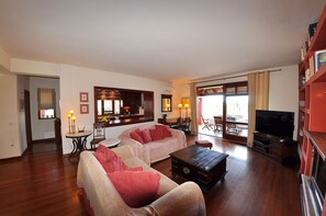 Smart TV, caminetto, libri