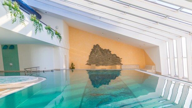 Ein großer, überdachter Pool mit klarem Wasser, einer Steinskulptur an der Wand und Pflanzen in Töpfen an der Decke.