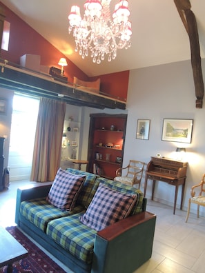 Smart TV, chimenea, reproductor de DVD y libros 
