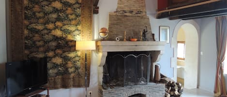Smart TV, fireplace, DVD player, books