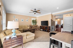 TV, fireplace, books, offices