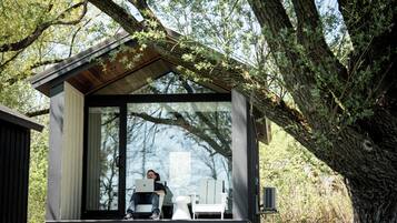 A modern cabin with a glass door, white furniture, and a large tree in the background.