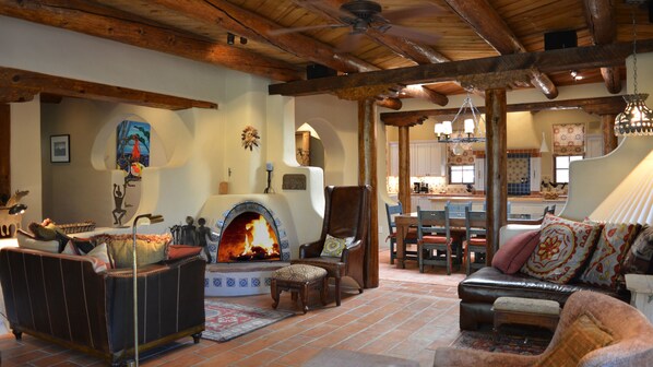 Televisión, chimenea, reproductor de DVD y libros 