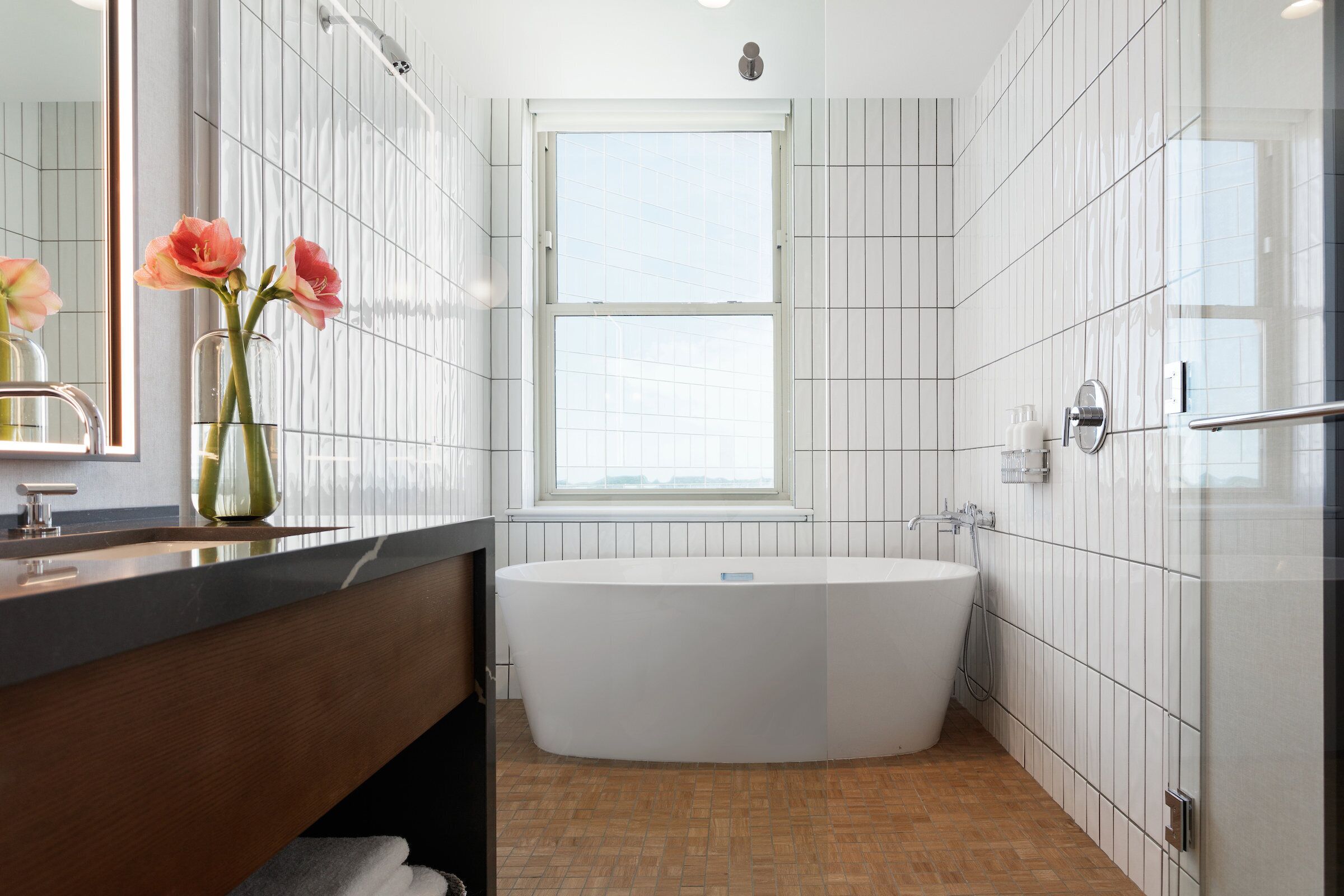 shower, hair dryer, bathrobes, towels