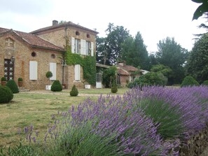 A stone building with a garden in front, including lavender bushes. - Château Pour 24 Personne (Brocas)