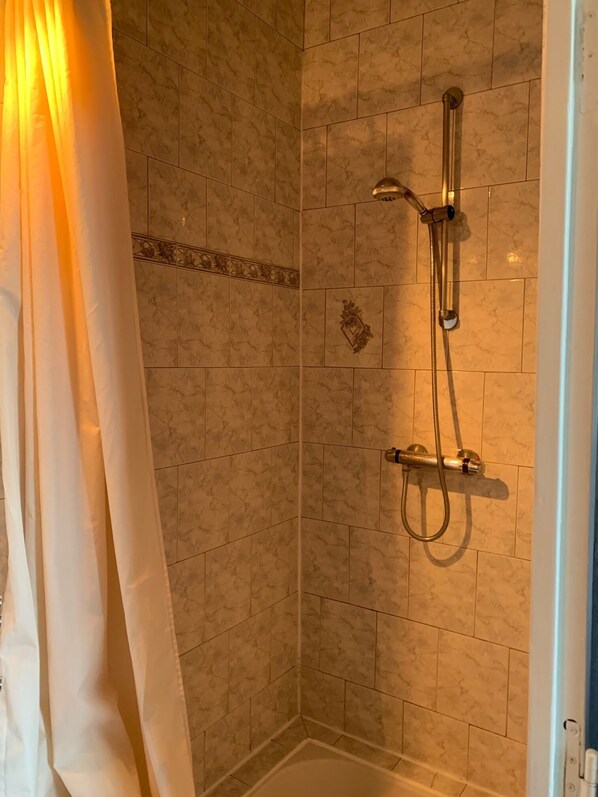 A corner shower with a handheld showerhead and a handheld hose, tiled walls, and a curtain partially drawn. - Château Pour 24 Personne (Brocas)