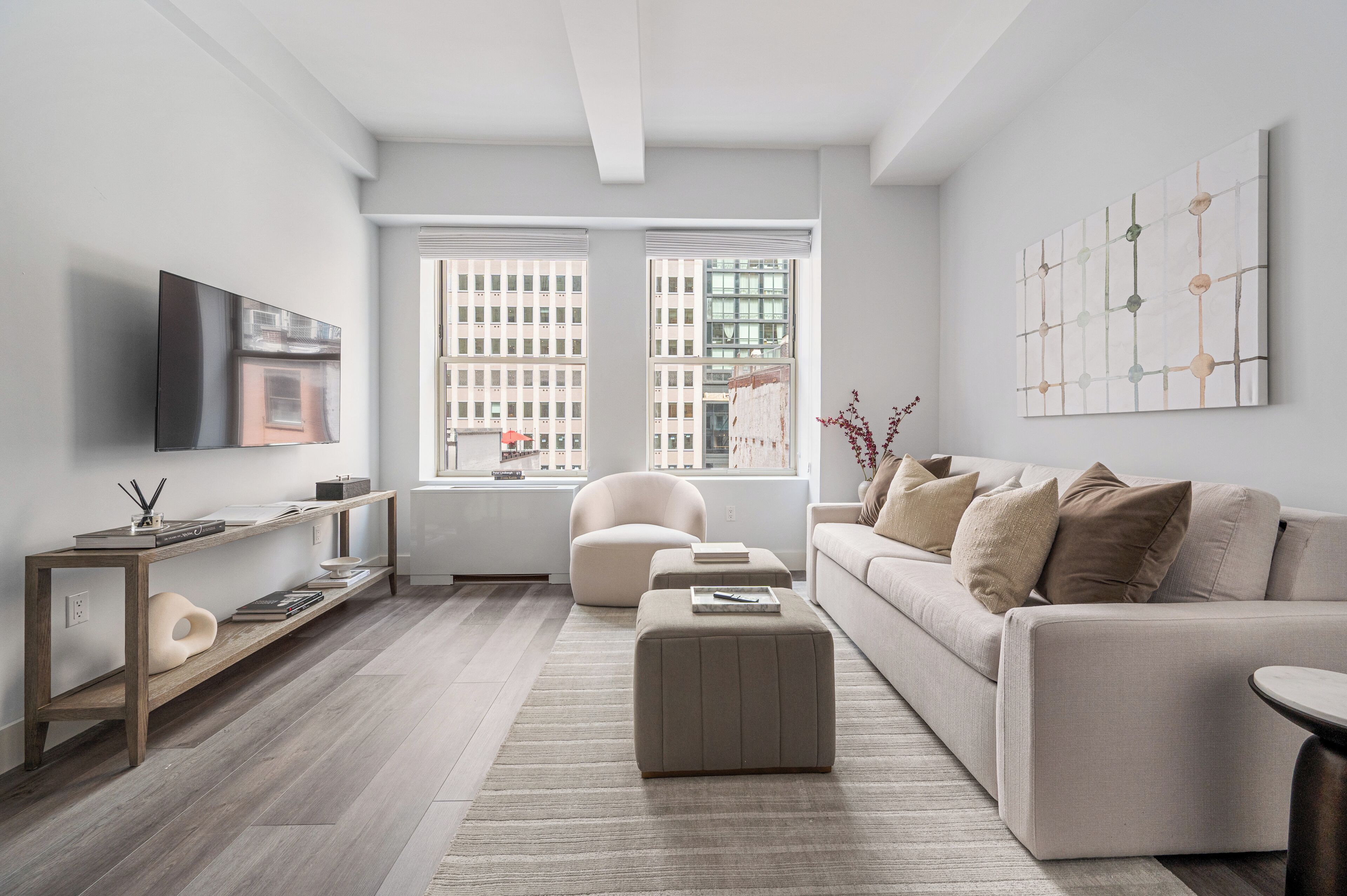 Deluxe Apartment, 2 Bedrooms, Kitchen | Living area | 55-inch Smart TV with digital channels