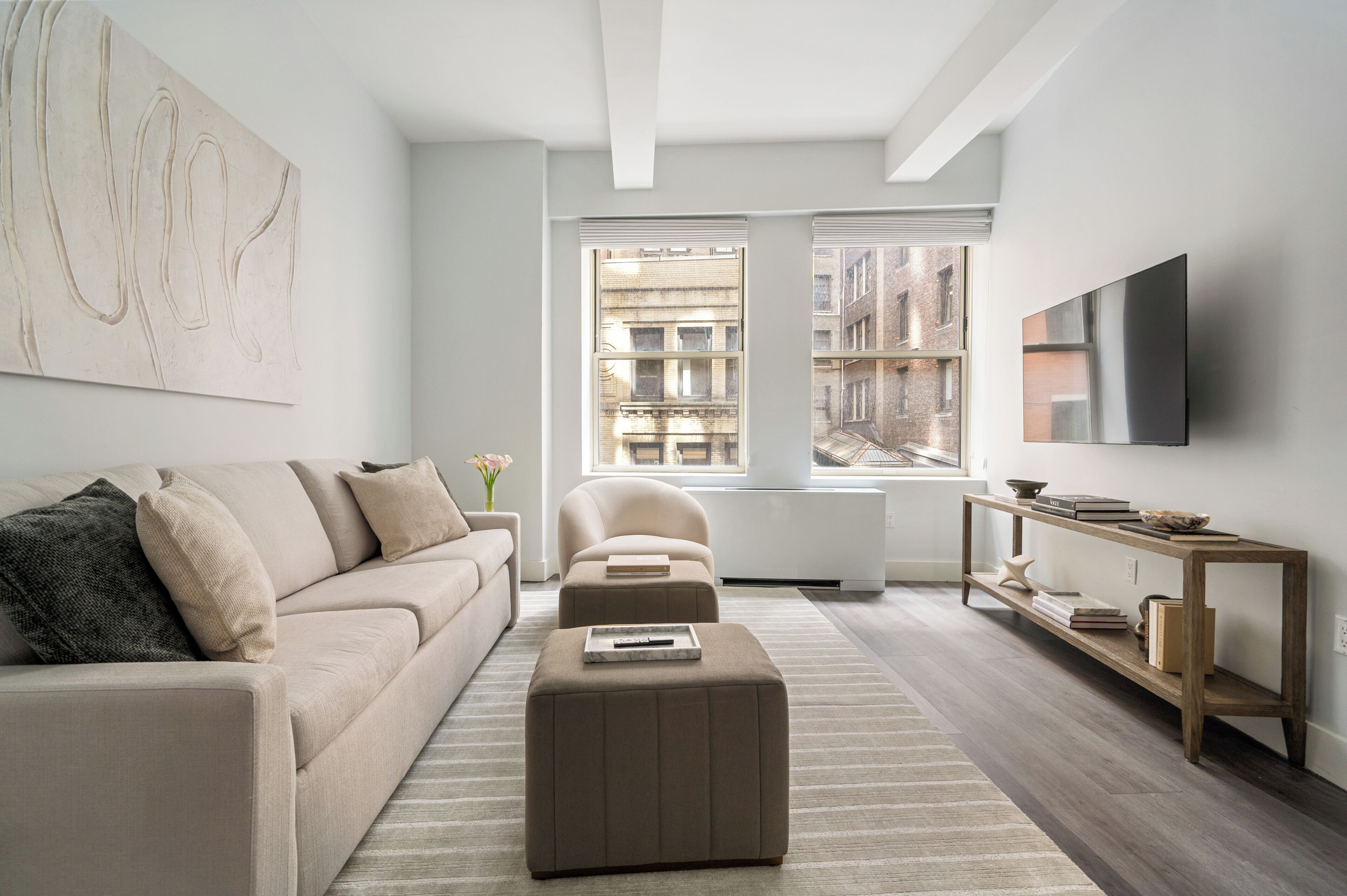 Family Apartment, 3 Bedrooms, Kitchen | Living area | 55-inch Smart TV with digital channels