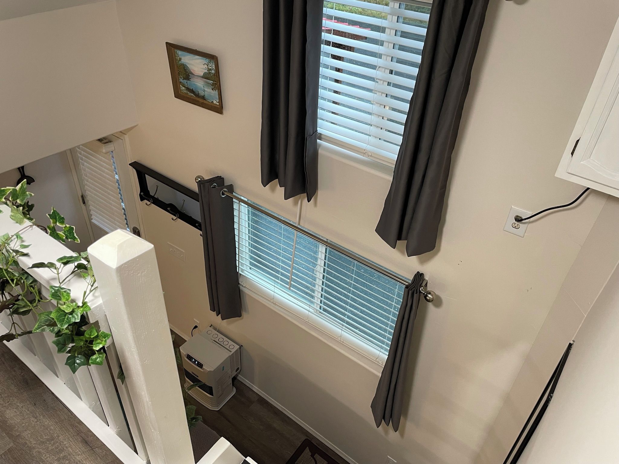 Een kamer met een raam, een radiator, een plant en een wandcontactdoos.