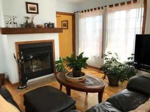 Smart-TV, Kamin, Bücher, Stereoanlage