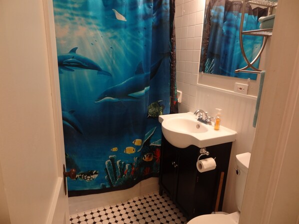 A bathroom with a blue shower curtain depicting dolphins, a white sink, and a toilet.