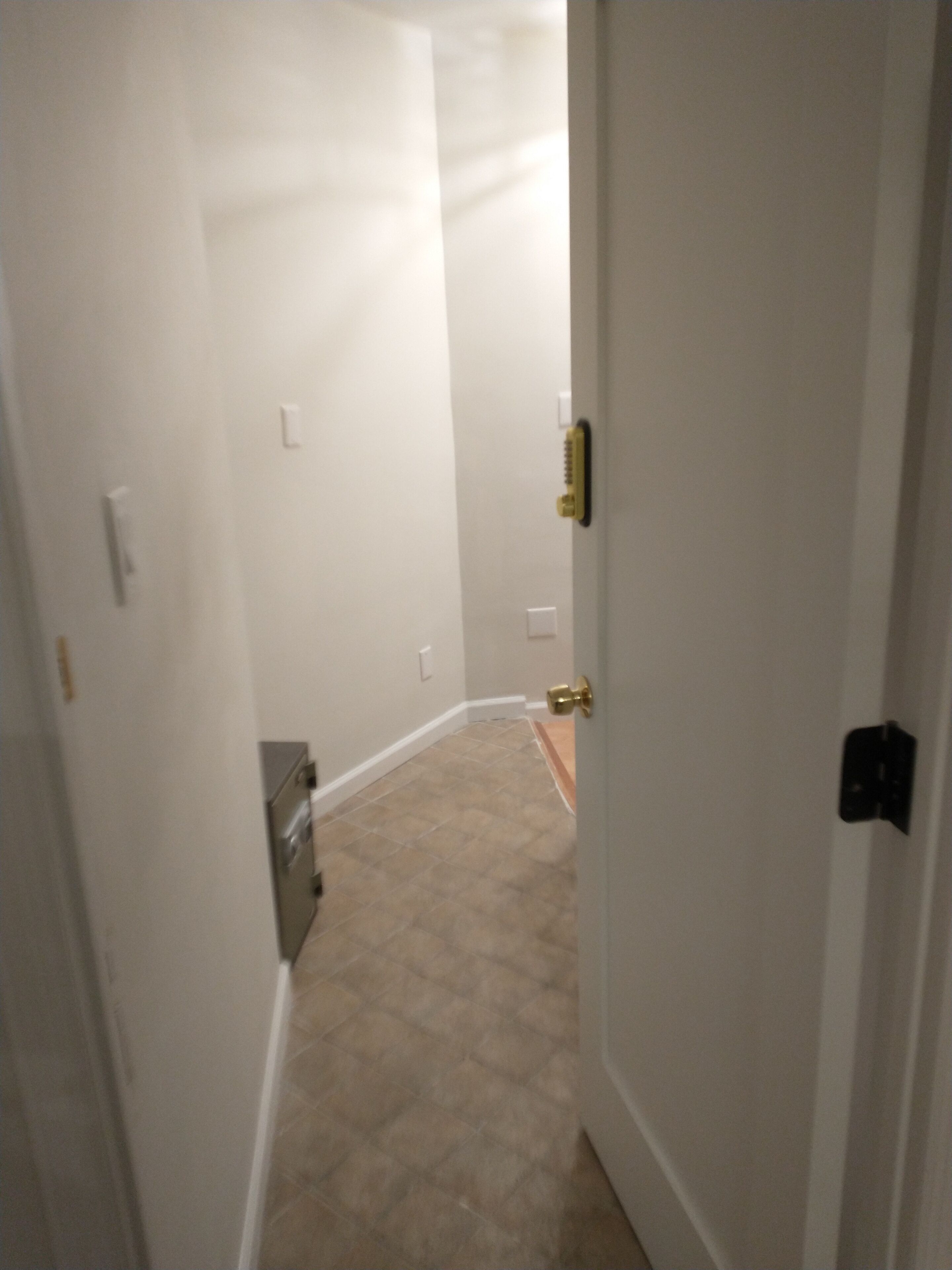 A narrow hallway with beige carpet, white walls, and a door with a brass handle.