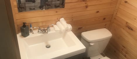 Un baño con pared de paneles de madera, un lavamanos blanco con dispensador de jabón, un inodoro y un cubo de basura azul.