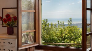 Una ventana con vistas a un paisaje urbano y vegetación.