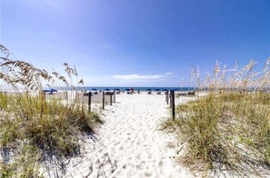 On the beach, sun-loungers, beach towels