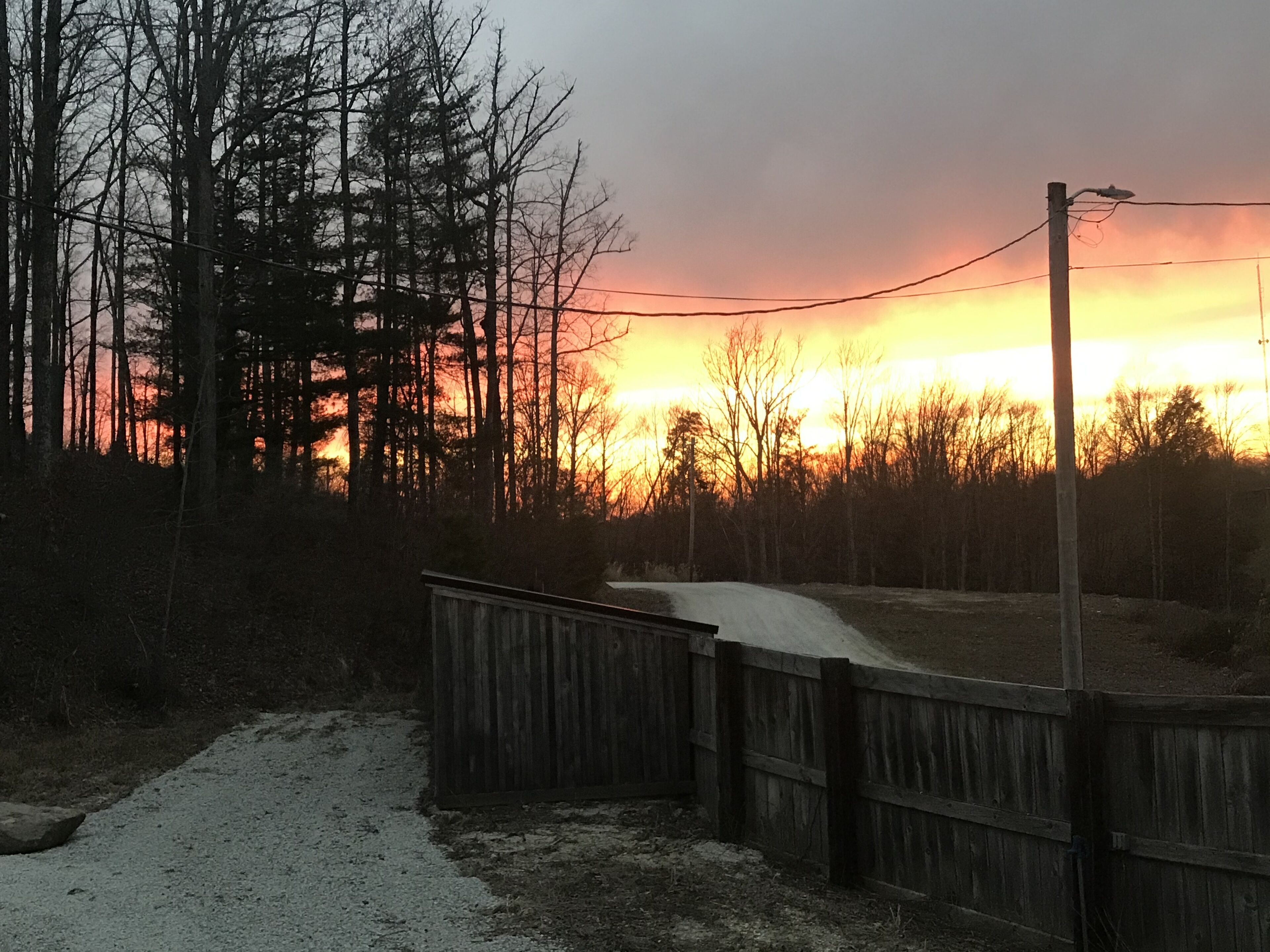 A wooden fence, a dirt path, and a forested area with a sunset in the background.