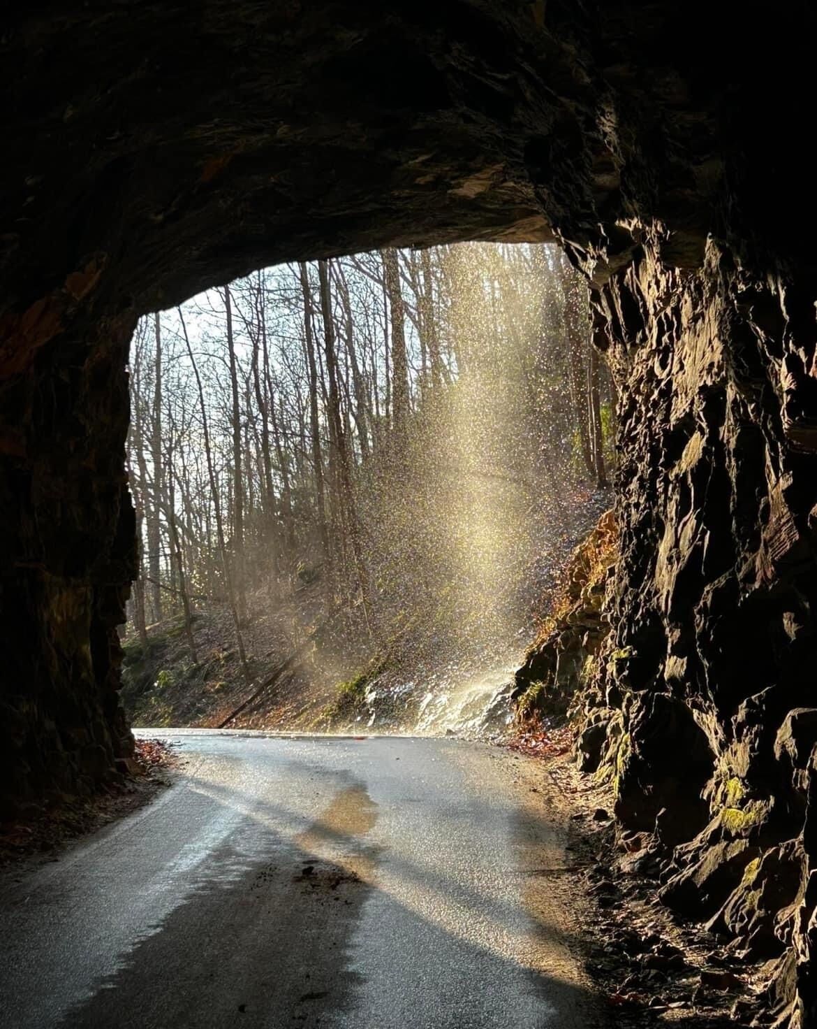 A road tunnel with natural rock walls and sunlight filtering through.