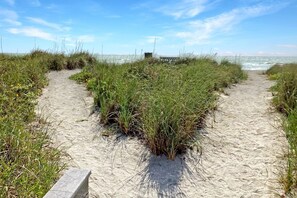 Ein Sandweg am Strand, mit Gras und einer Bepflanzung in der Ferne.
