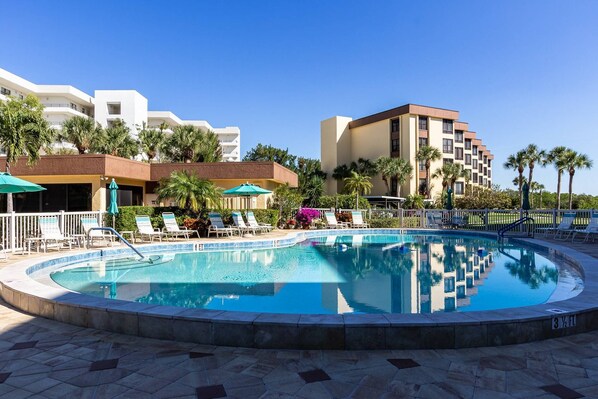 A pool area with lounge chairs and umbrellas, surrounded by palm trees and buildings. - Private Beach | Bayside Corner Unit | Walk to Turtle Beach | 2 Heated Pools | Dog Friendly! (Sarasota)