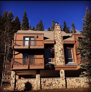 Perched among the evergreen trees, this mountain lodge offers a cozy retreat with a stone chimney and wooden balconies.