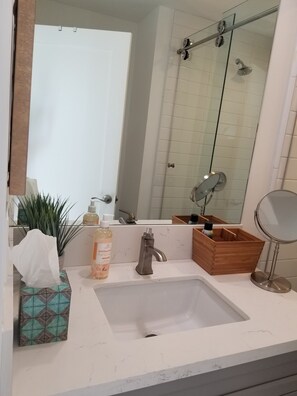 Shower, hair dryer, towels, soap