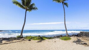 Ein Strand mit zwei Palmen und einer felsigen Küstenlinie.
