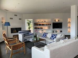 Smart TV, fireplace, DVD player, books