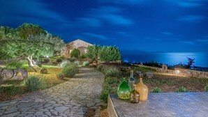 A stone pathway leading to a table with bottles, surrounded by greenery and overlooking a body of water at night.