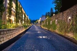 Stroll through a serene urban area lined with historic buildings and lush greenery.