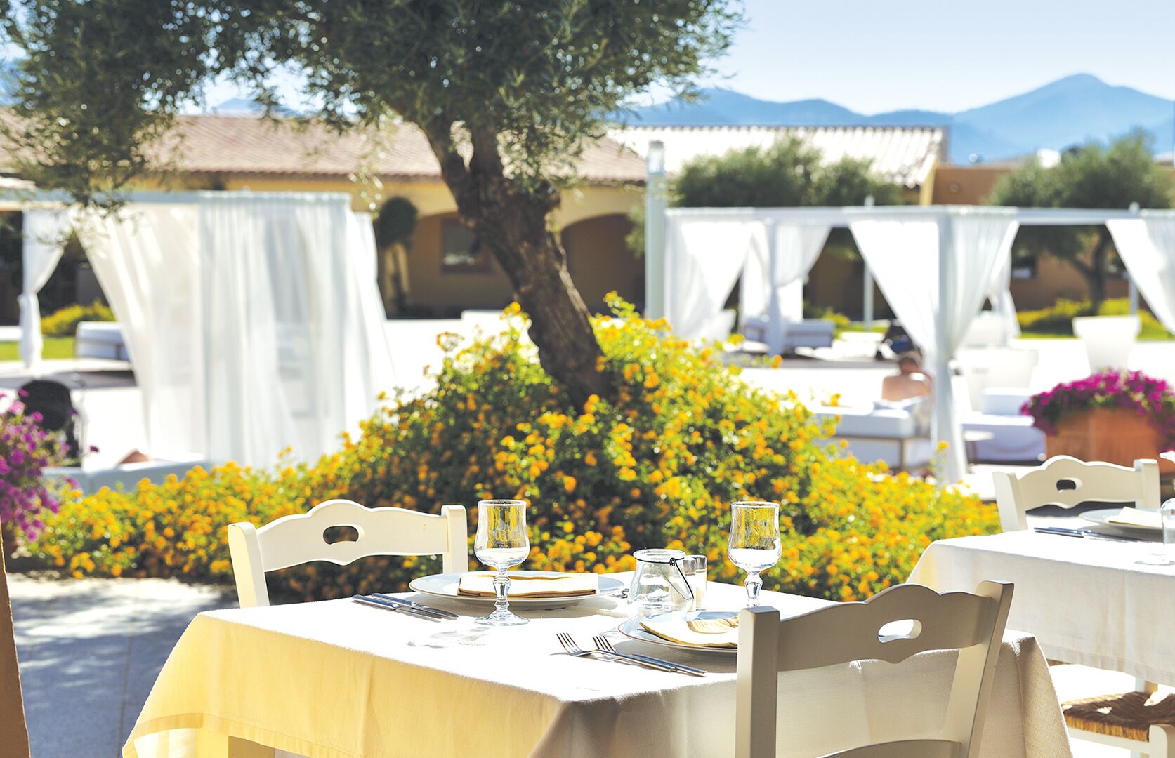 An outdoor dining area with tables set for two, surrounded by lush greenery and a mountain in the background.