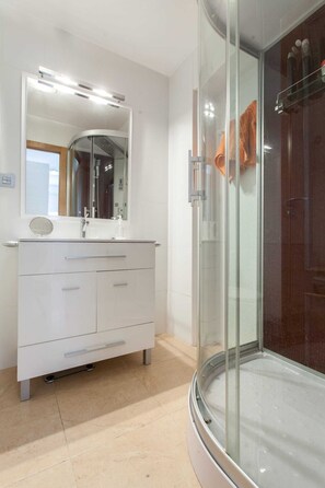 Shower, hair dryer, soap, toilet paper