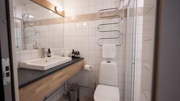 Une salle de bain moderne avec un lavabo, des toilettes et une douche.