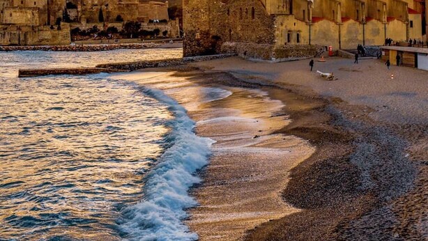 A coastal town with a prominent tower and historical buildings, a beach in the foreground, and mountains in the background. - Magnificent location with breathtaking views of Collioure and the sea (Collioure)