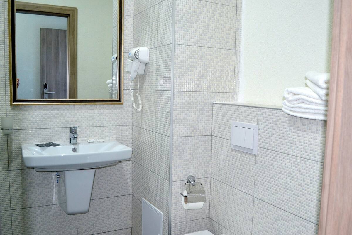 Shower, hair dryer, towels