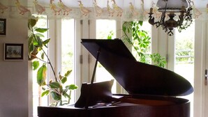 A grand piano in a room with a blue carpet, a chandelier, and a window with curtains.