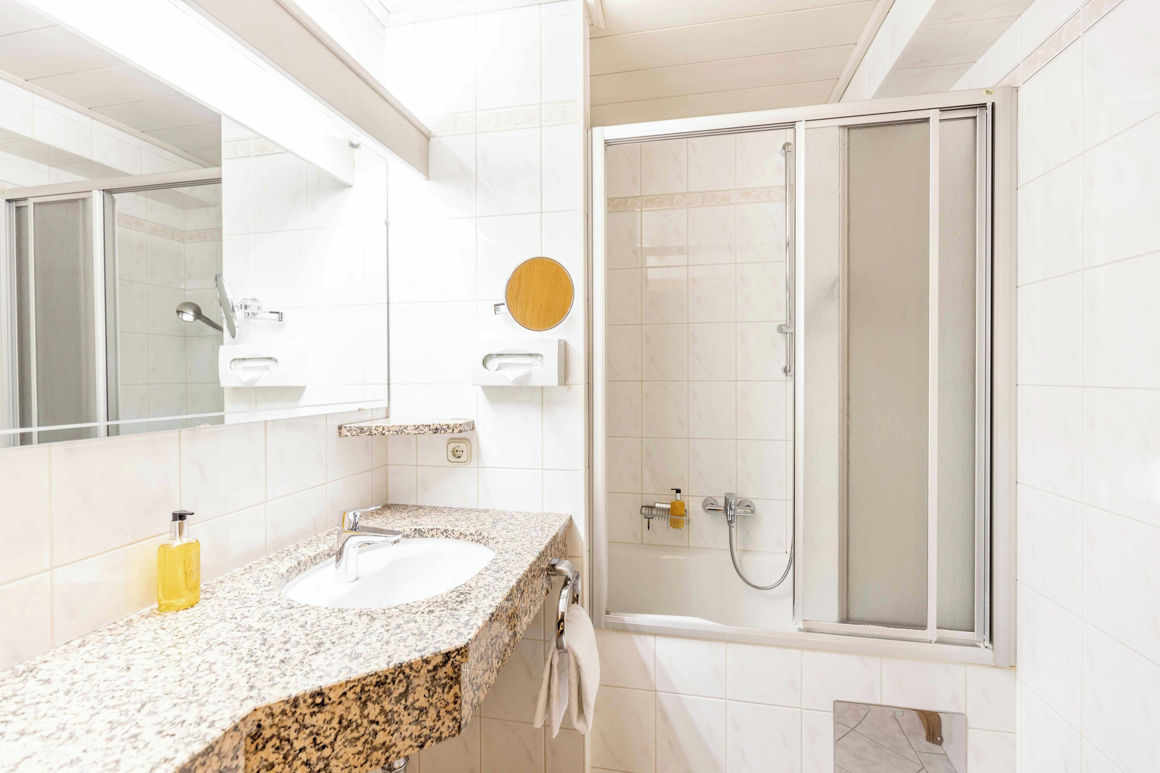 Hair dryer, bathrobes, towels, soap