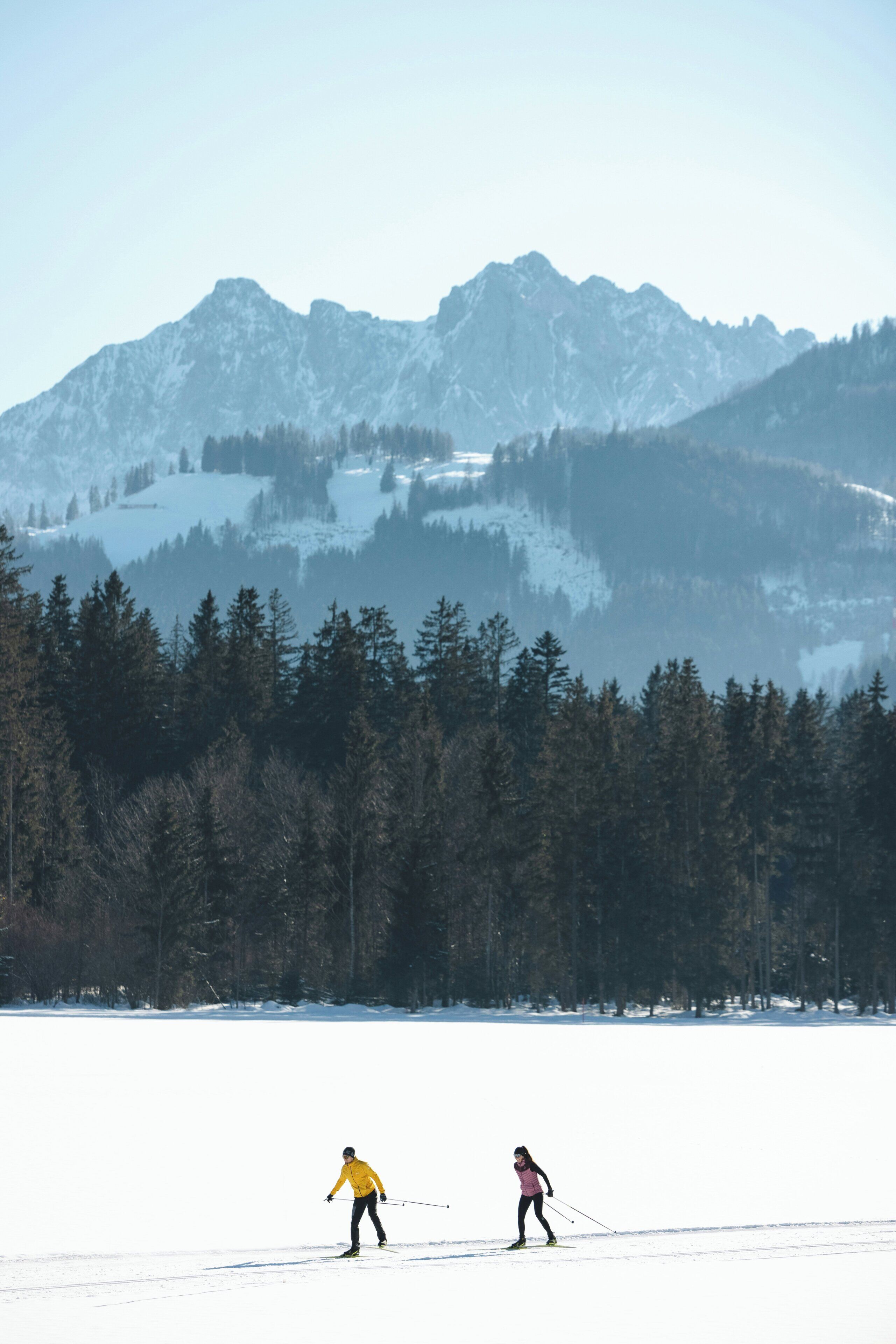A snowy landscape with a mountain range in the background and two skiers in the foreground.