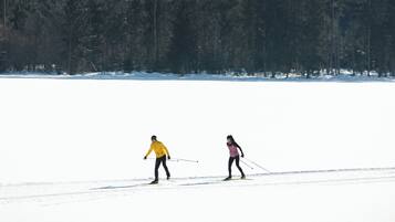 A snowy landscape with a mountain range in the background and two skiers in the foreground.