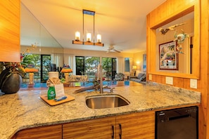 A kitchen with granite countertops, a stainless steel sink, and wooden cabinets. There is a Samsung dishwasher, a ceiling fan, and a view of the outdoors through large windows.