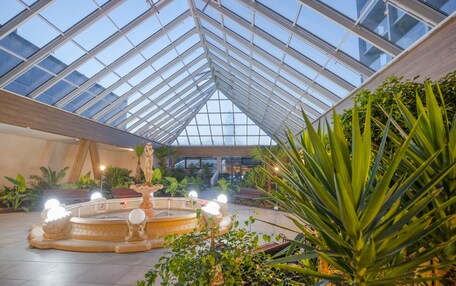 A spacious atrium with a glass ceiling, a central fountain, and lush greenery.