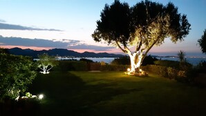 Een nachtelijk buitengebied met een boom verlicht door lampen, een gazon en een uitgestrekt berglandschap met een waterpartij in de verte.