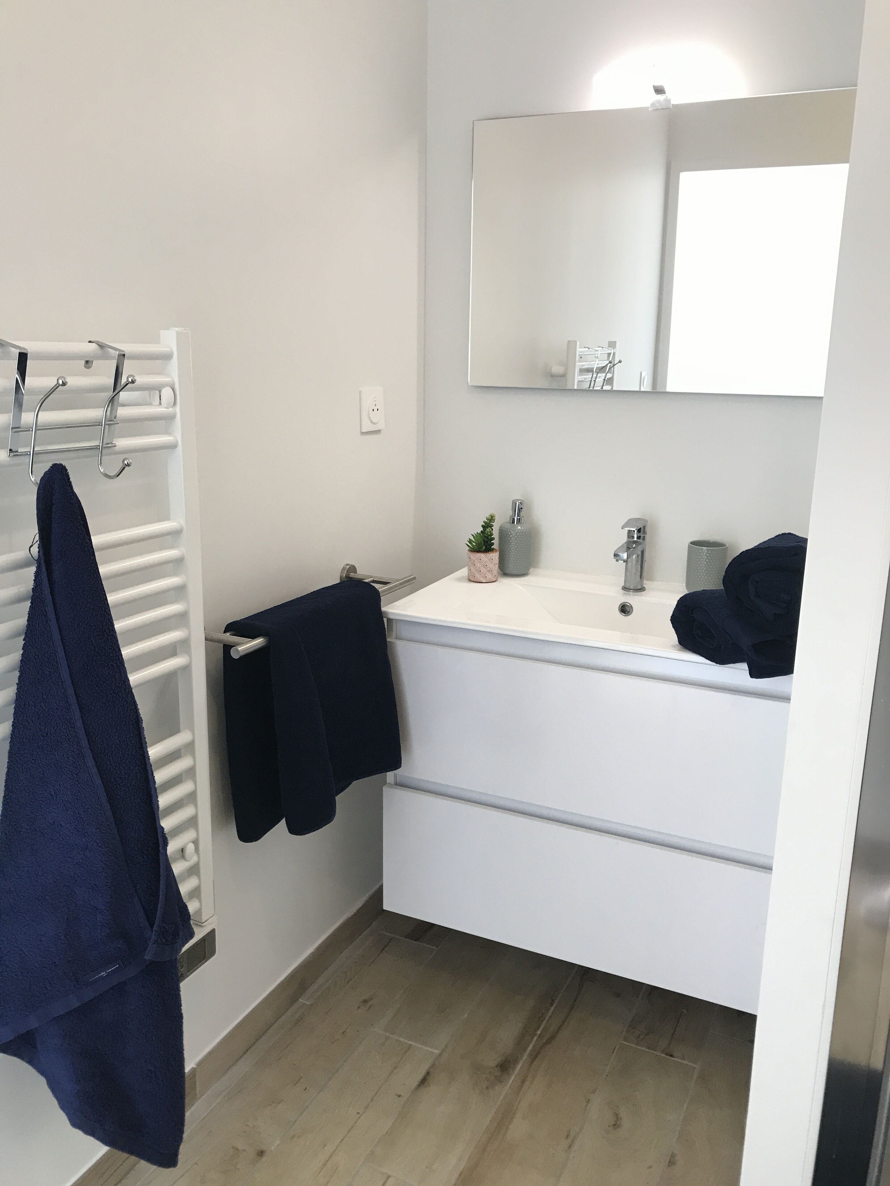 A bathroom with a white sink, a mirror, a towel rack, and a potted plant.